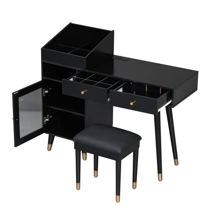 Anmytek Black and Gold Vanity Desk with Stool Makeup and Writing Desk for Bedroom