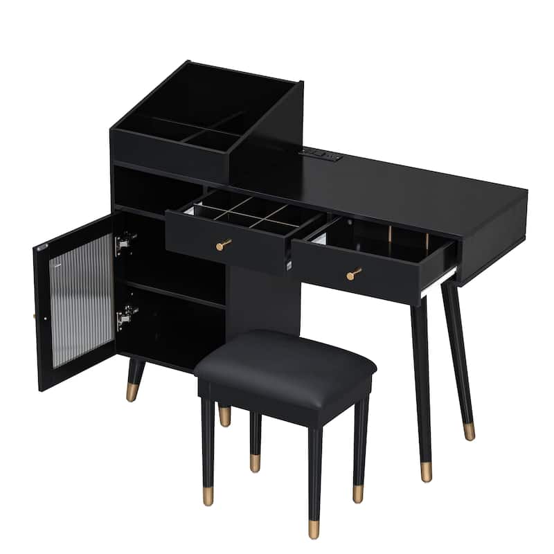 Modern Makeup Vanity Desk with Drawers, Cabinet & Charging Port