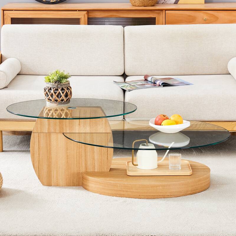 Roomfitters Double Layer Coffee Table with White Marble and Wood Grain Finish, Artistic Modern Design