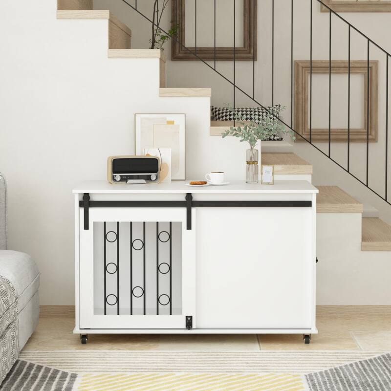 Anmytek Multifunctional Dog Crate Furniture with Sliding Barn Door, White Wooden Side Table Console
