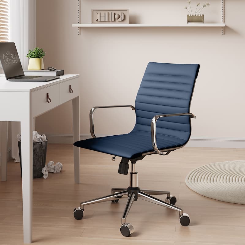 CAROCC Ribbed Computer Office Chair Swivel Lift tilt function Ergonomic Premium Leather Desk Armchair - NavyBlue