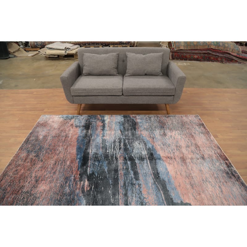 Hand Knotted Oriental Viscose Silk Carpet Modern Pictorial Coral Abstract Area Rug - 7' 8'' X 5' 6''