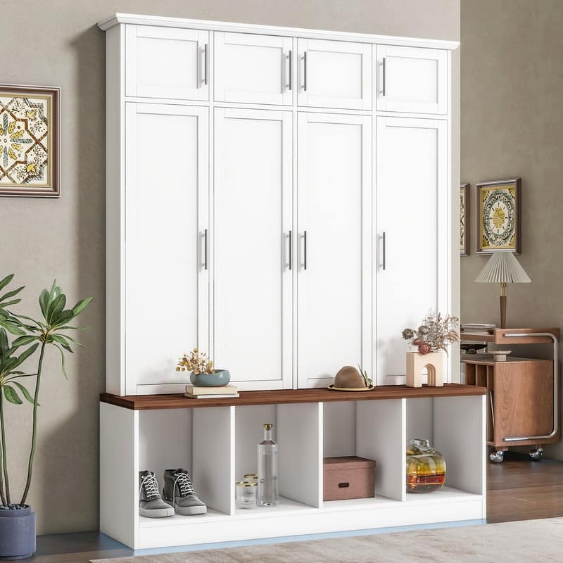 Multi-Functional Hall Tree with 4 Hidden Hanging Hooks, Entryway Coat Rack Mudroom Bench with Open Compartments and Cube Storage