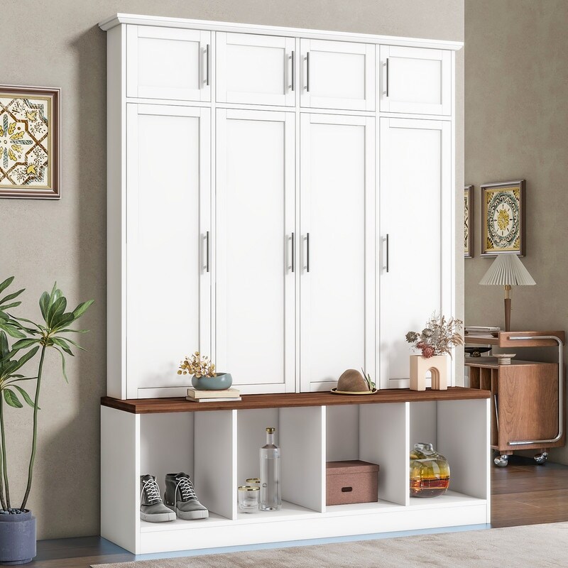 Multi Functional Hall Tree with 4 Hidden Hanging Hooks Entryway Coat Rack Mudroom Bench with Open Compartments and Cube Storage On Sale Bed Bath Beyond 39947552