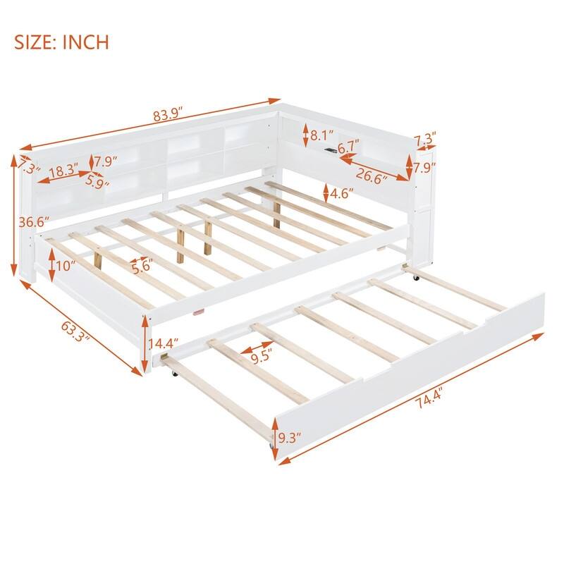 Wooden Full Size DayBed with Twin Size Trundle, DayBed with Storage Shelf and USB Charging Ports