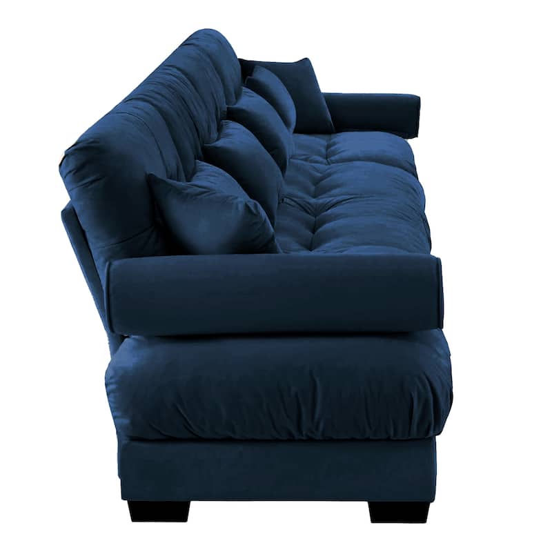 166" Velvet 4-Seater Sofa with Bolster Armrests, High-Resilience Sponge Cushions