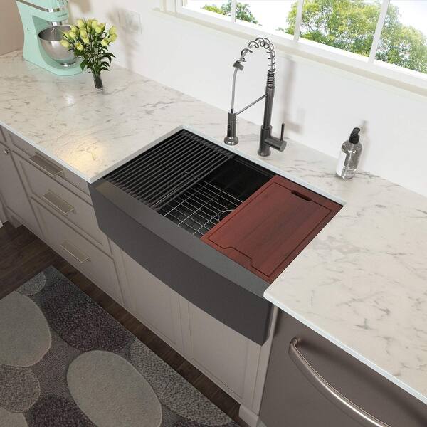 slide 2 of 13, Stainless Steel Single Bowl Farmhouse Apron Kitchen Sink with Workstation Matte Black - 33" x 22"