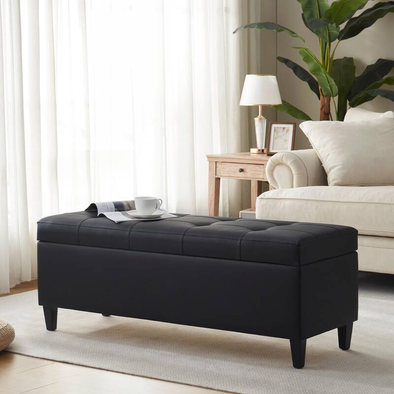 Black Faux Leather Storage Bench, Modern Ottoman Entryway Bench with Hidden Compartment for Bedroom or Living Room