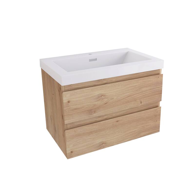 MDF Wall-Mounted Bathroom Vanity Set in Oak with Integrated Culture Marble Sink