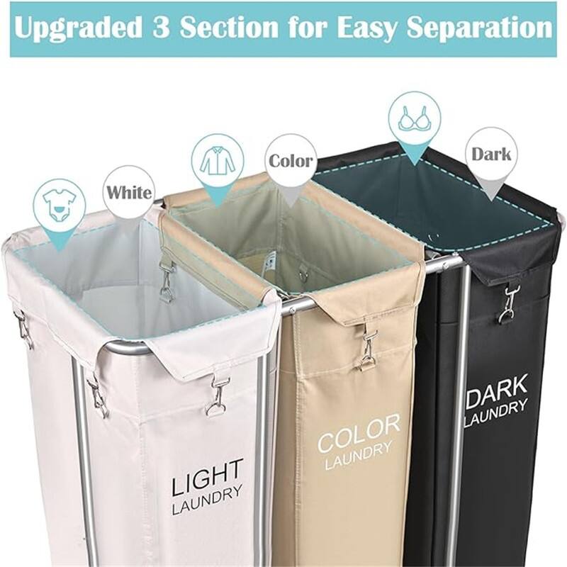 Laundry Sorter 3 Section, 220L Large Laundry Cart with Wheels 3 Hamper Laundry Sorter - 33.07"L x 18.9"W x 31.5"H