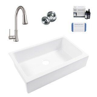 Grace Crisp White Fireclay 34-in Quick-Fit Farmhouse Undermount Single Bowl Kitchen Sink with Faucet Kit