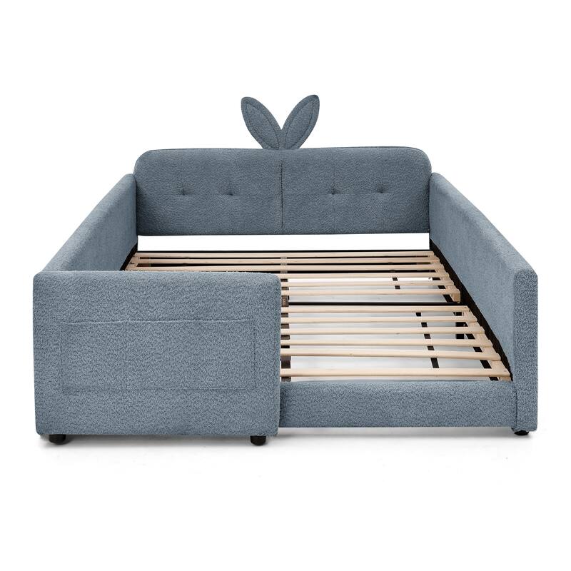 Full Size Upholstered Platform Bed with Bunny Ear Headboard, Safety Rail & Pocket