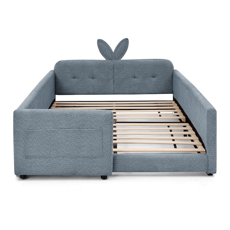 Upholstered Platform Bed with Safety Rail Pocket and RabbitEar Platform Bed w/Skin-friendly Boucle Wood Slat Support Bed Frame