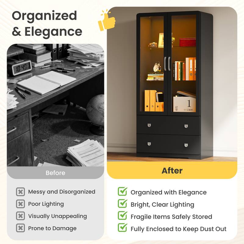 64'' Tall Display Cabinet with Acrylic Doors and LED Lights - N/A