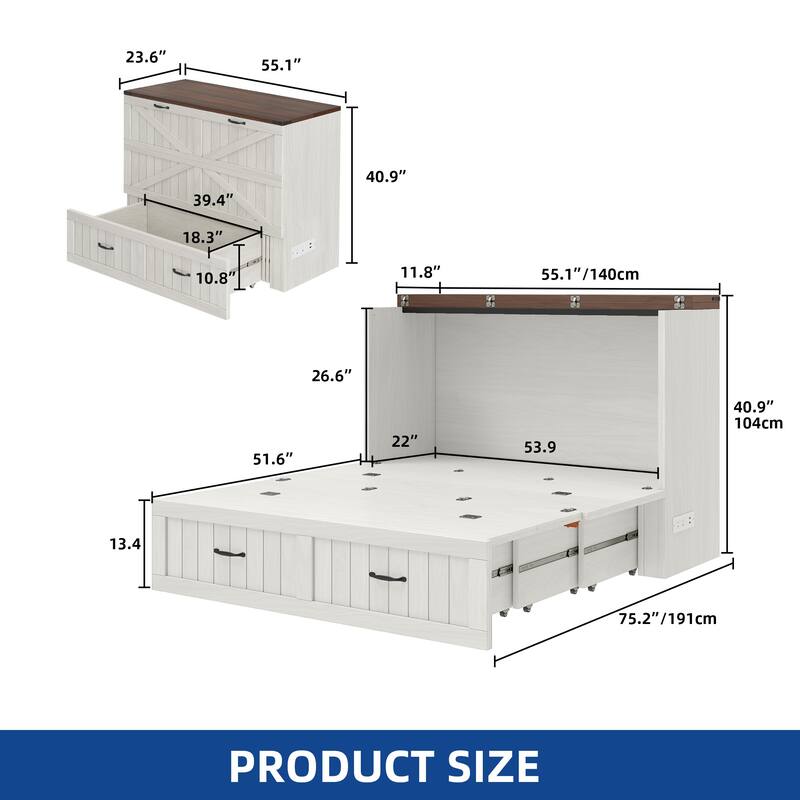 Moasis Farmhouse Full Size Murphy Bed Cabinet with Charging Station, Large Storage Drawer