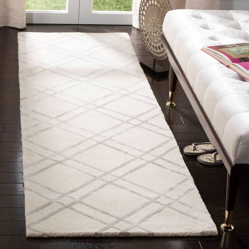 SAFAVIEH Handmade Himalaya Beadwork Modern Wool Rug - 2'3" x 8' Runner - Ivory/Silver