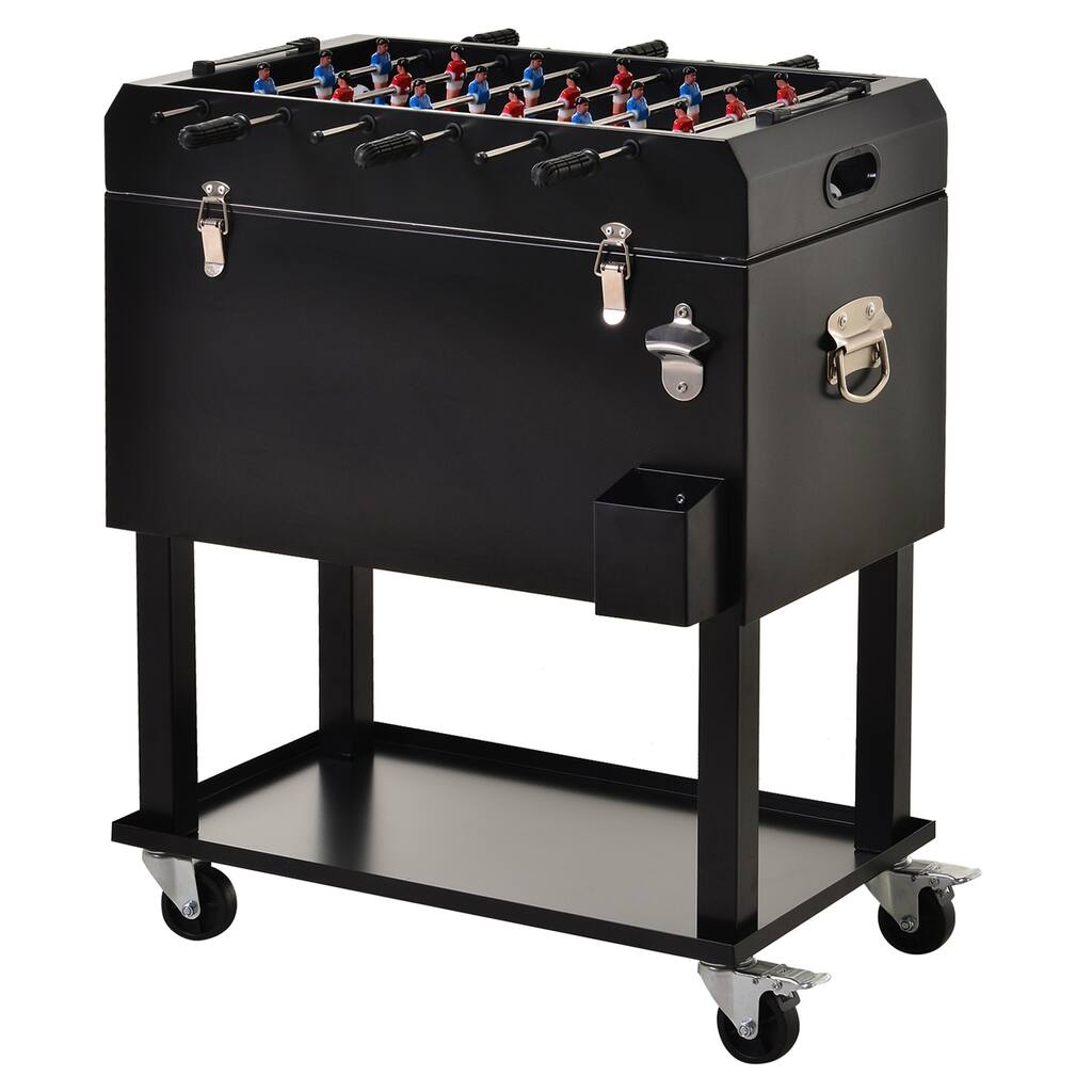 68QT Patio Cooler Ice Chest with Foosball Table Top, Portable Poolside Party Bar Cold Drink Rolling Cart on Wheels
