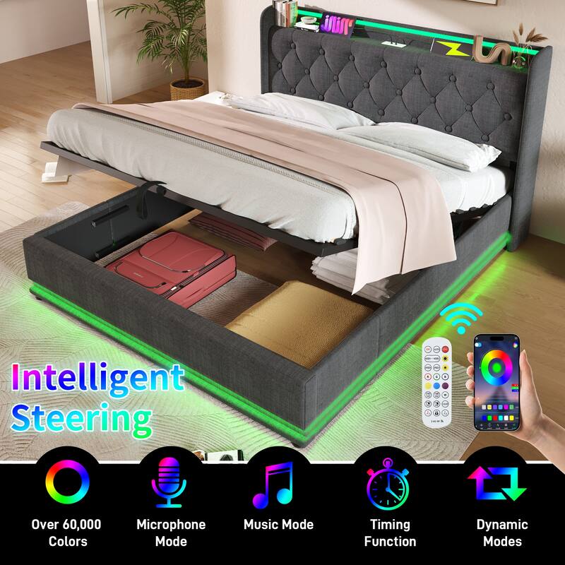 Gray King Size Upholstered Bed with 360 LED Function & USB Charging