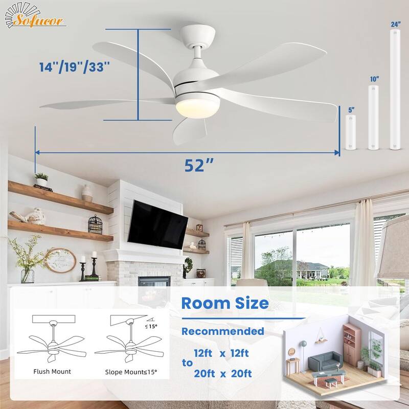 52 Inch Ceiling Fan with Remote & Lights Quiet DC Motor 5 Blade High CFM Modern Fan
