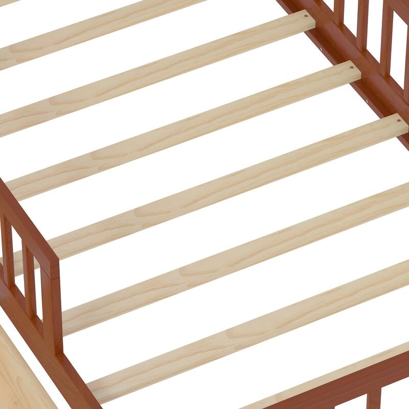 Twin Size Bed with Headboard Storage, Under-Bed Drawers & Safety Guardrails,Walnut