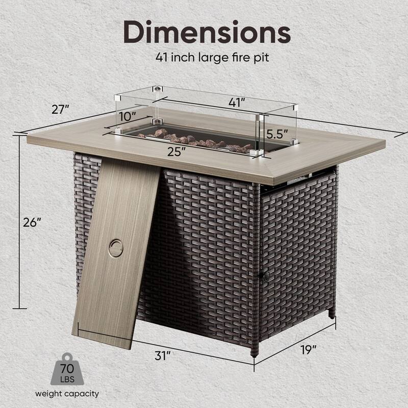 Outdoor Propane Fire Pit Table - 55000 BTU, Adjustable Flames with Wind Guard - Rectangle