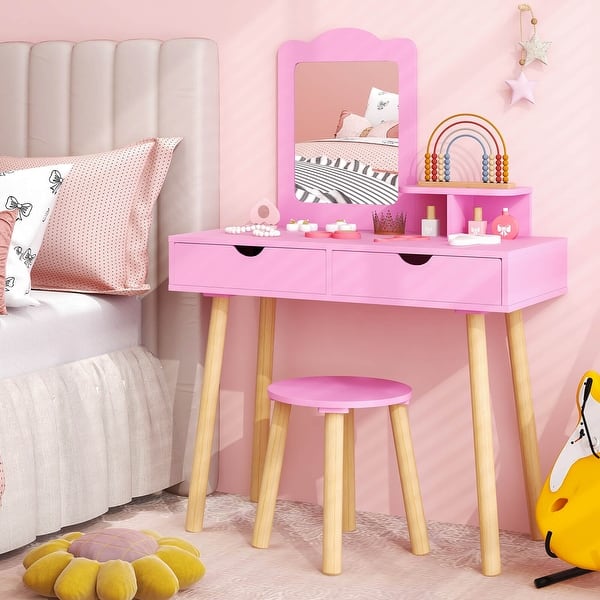 slide 2 of 12, Costway Kid Vanity Table Chair Set with Mirror Large Storage Drawers - See Details Pink - See Details
