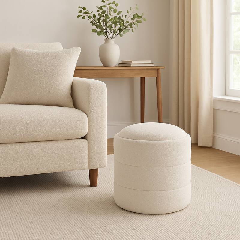 Pero 18 Inch Round Storage Ottoman with Removable Lid in White Boucle Fabric