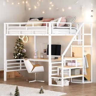 Full Size Metal Loft Bed with Desk, Storage Staircase, Wardrobe, and Reversible Stairs - White