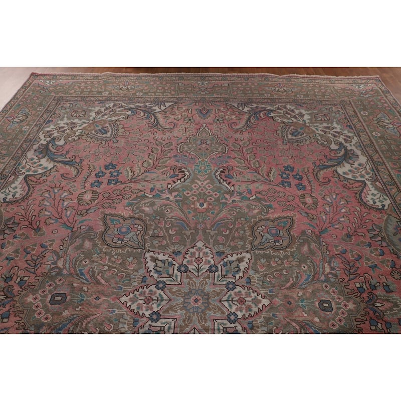 Pink Tabriz Persian Vintage Rug Hand-Knotted Wool Carpet - 9'7"x 12'11"