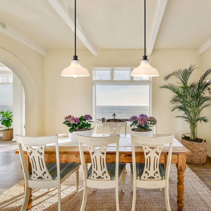 1-Light Adjustable Dome Shaded Pendant Light with Cream Glass Shade, Semi Flush Mount Chandelier for Dining Room Living Room