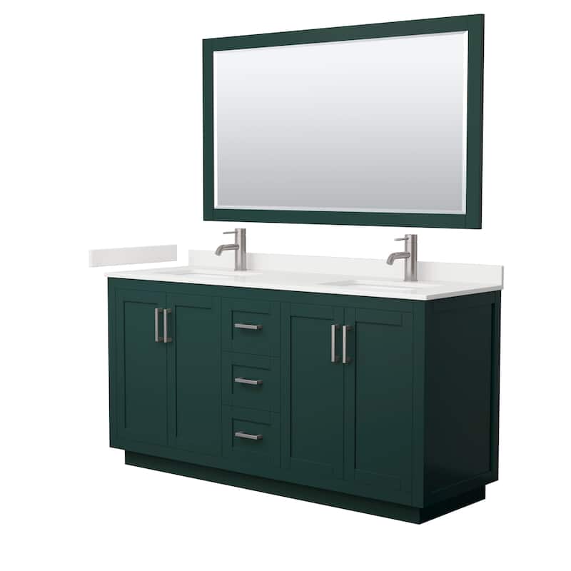 Miranda 66-inch Double Vanity, Quartz Top, 58-inch Mirror - Green, Nickel Trim, White Quartz Top