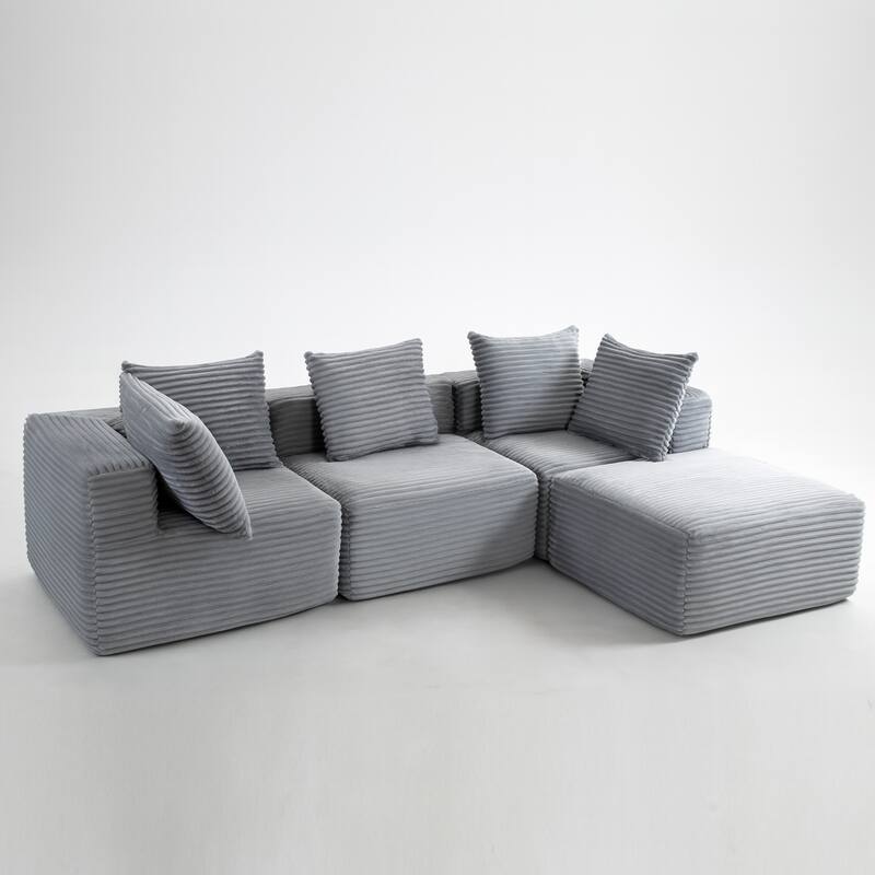 Grey Corduroy Modular Sectional Sofa 4 Seat Magic Cube Design 107" Wide No Assembly Required Compressed Foam Cushions