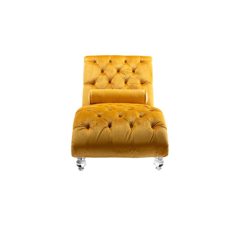 Velvet Tufted Chaise Lounge Chair Ergonomic S Shape Recliner with Pillow, Nailhead Trim and Acrylic Legs for Indoor Use