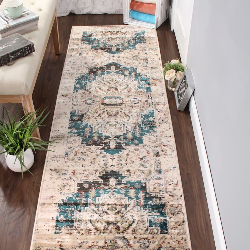 Vintage Distressed Medallion Indoor Area Rug or Runner by Superior - 2' 7" X 8' - Teal