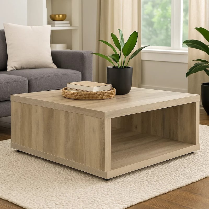 Rizz Coffee Table, Square Cube Design Open Shelf, 36 Inch Light Brown