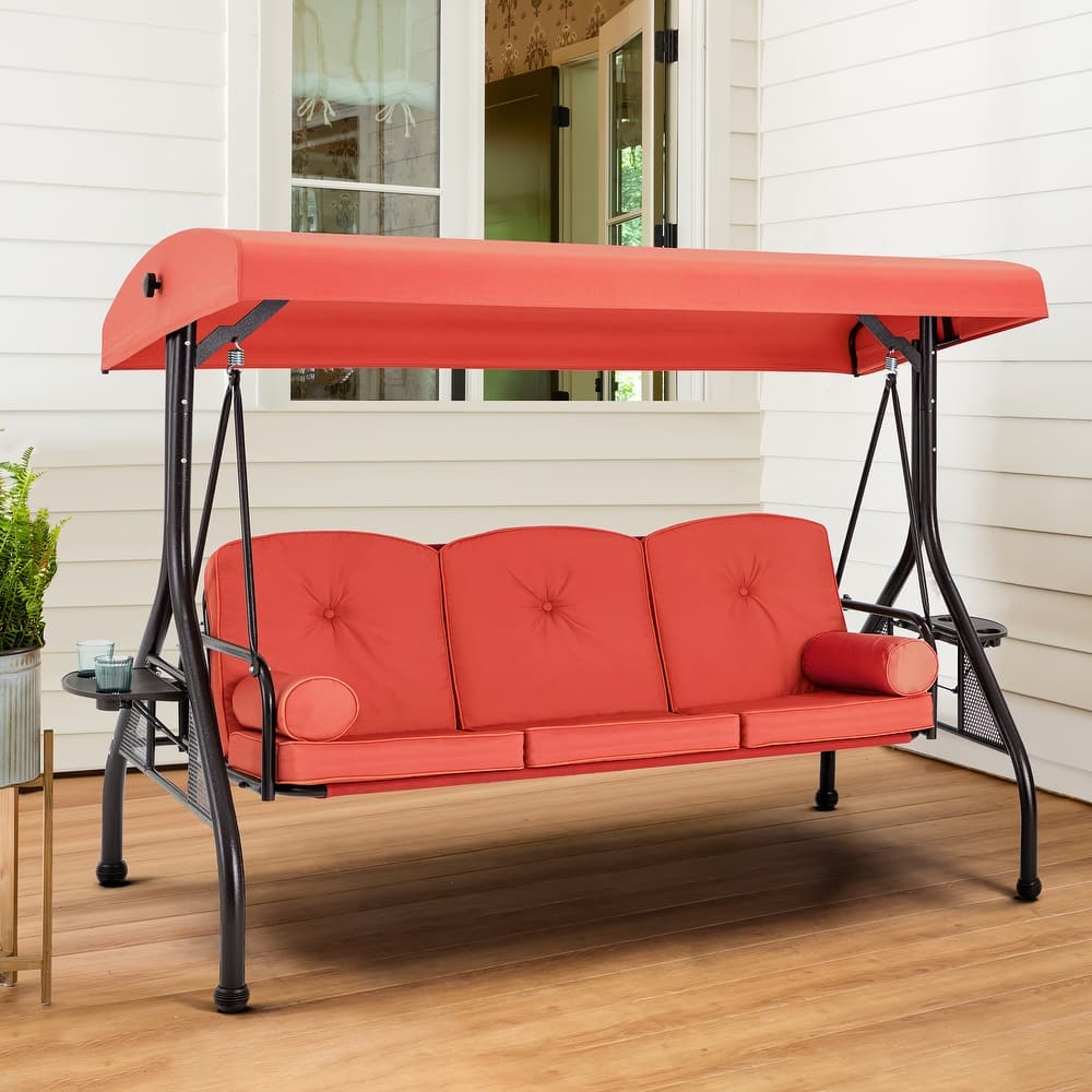 Outdoor Patio Swing Chair for 3 People, with Removable Cushion and Convertible Canopy