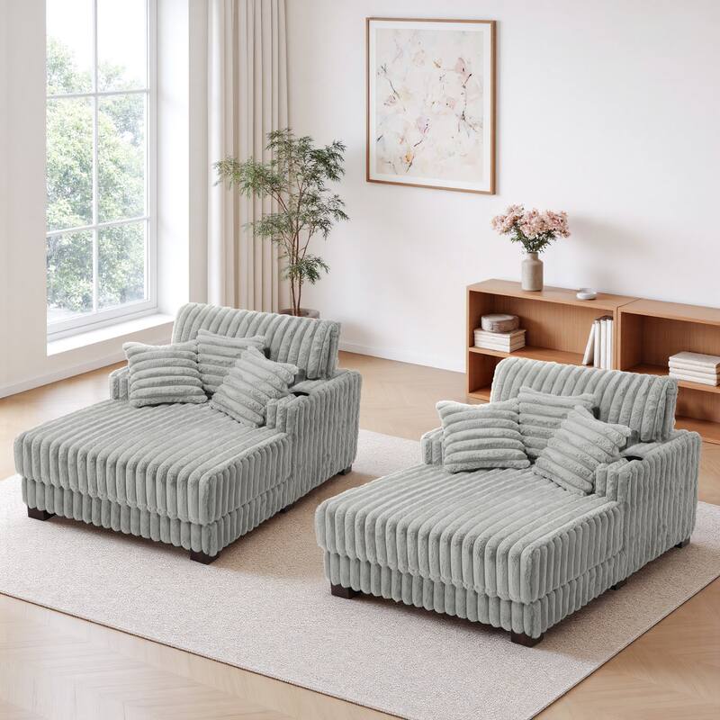 2-Piece Flannel Chaise Lounge Sofa Bed Set with Cup Holder