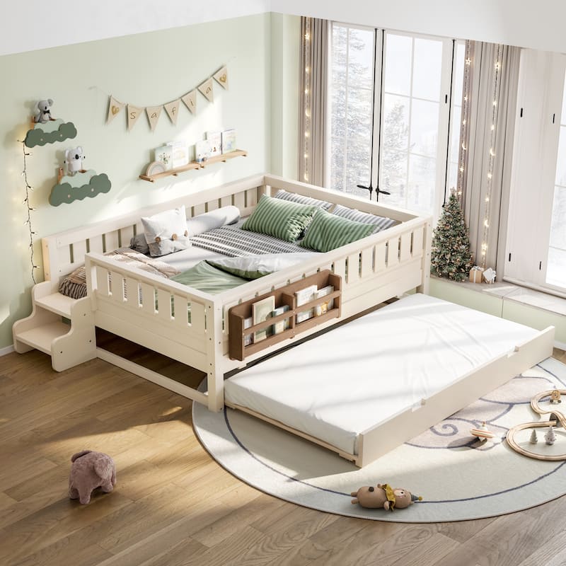 Roomfitters Floor Bed with Bookshelf and Trundle, Low Profile Frame with Step Entry