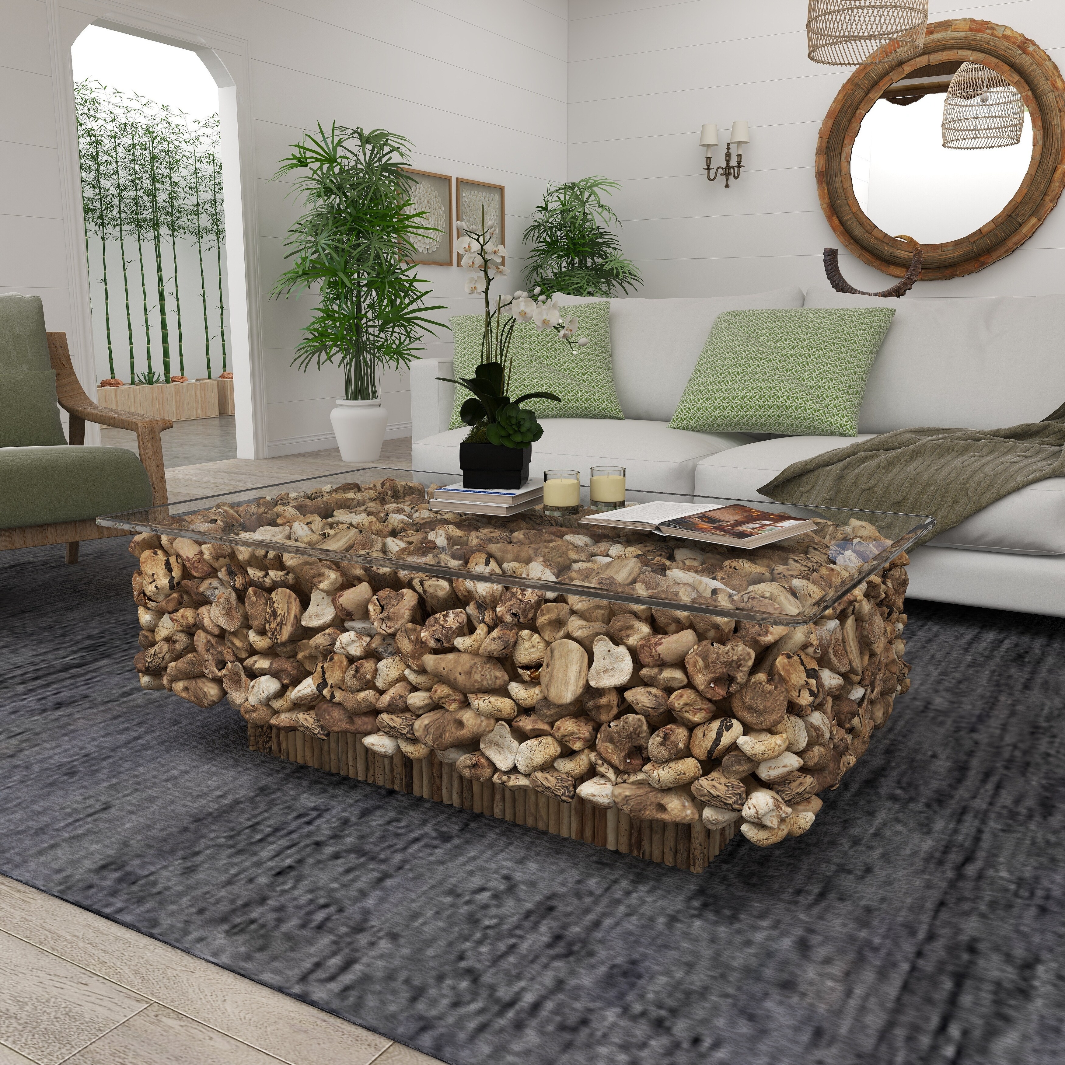 Brown Driftwood Handmade Collage and Pedestal Base Coffee Table