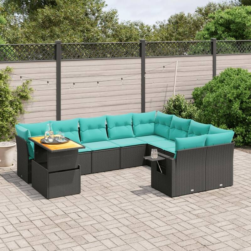 vidaXL Patio Sofa Set with Cushions Outdoor Furniture 10 Piece Poly Rattan - 24.4 x 24.4 x 27.2 - Black-2x corner+table+5x middle