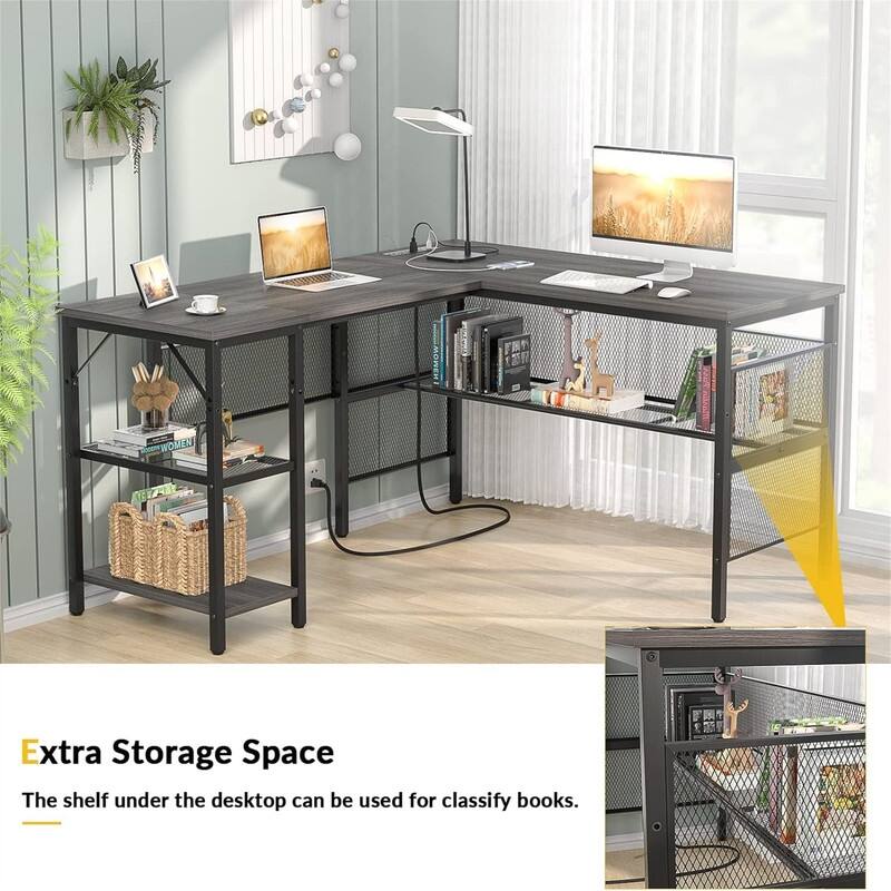 L Shaped Desk with USB Charging Port and Power Outlet