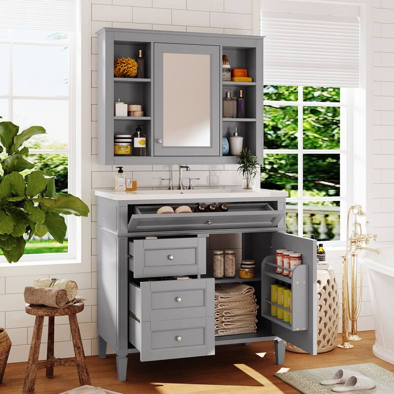 36'' Bathroom Vanity Set with Mirror Cabinet, Modern Bathroom Storage Cabinet with 2 Soft Closing Doors and 4 Drawers