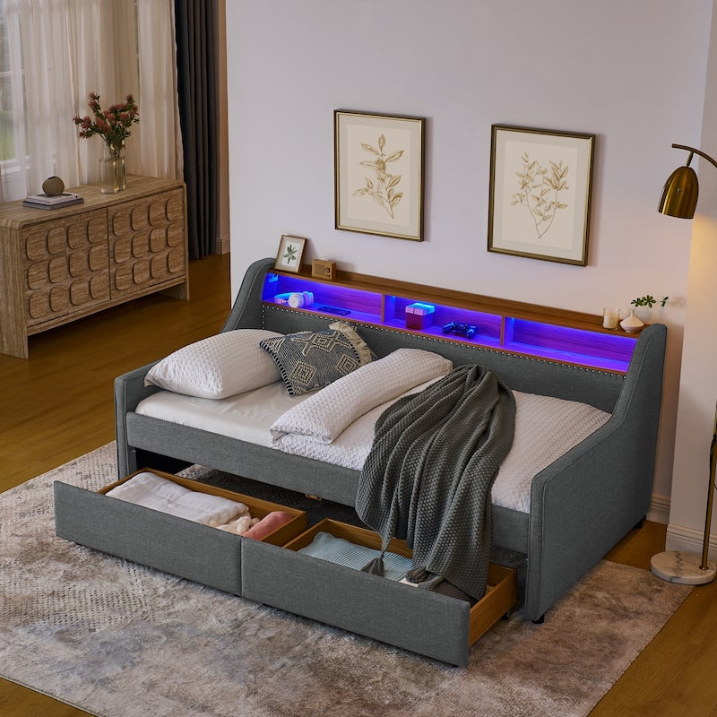 Grey Twin Size Upholstery DayBed with Three LED Lights,Storage Adjustable Headboard and Two Storage Pull Up Drawers
