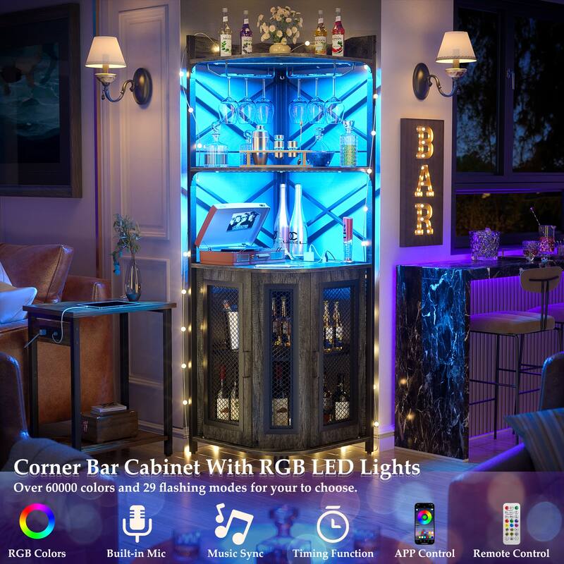 Buffet Bar Cabinet with Top Hutch&Charge Station