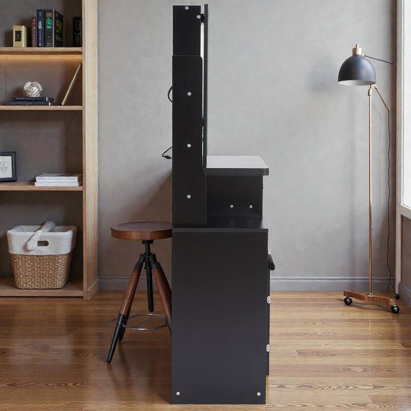 Small Vanity Table with Sliding LED Mirror, 2 AC & 2 USB Charging Station, Hair Dryer Holder & Stool for Bedroom