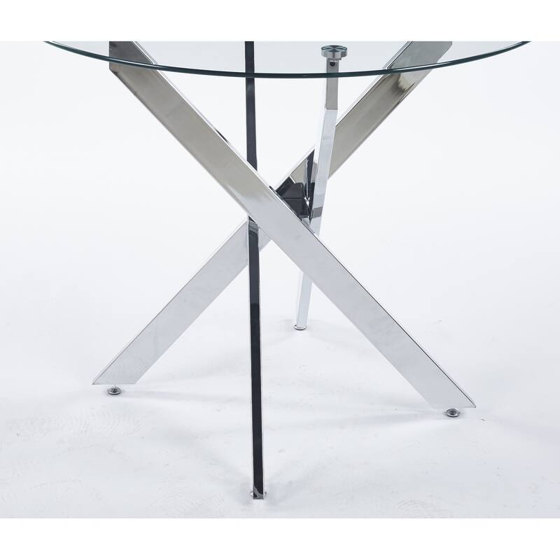 Round Glass Dining Table for 4-Person, Kitchen Table with Tempered Glass Top & Cross Metal Legs, Leisure Table for Small Places
