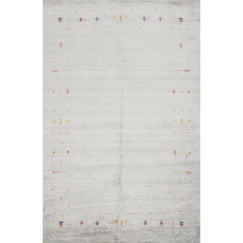 Hand Knotted Oriental Viscose Silk Carpet Tribal Animal Pictorial Greys & Charcoal Gabbeh Area Rug - 8' 8'' X 6' 2''