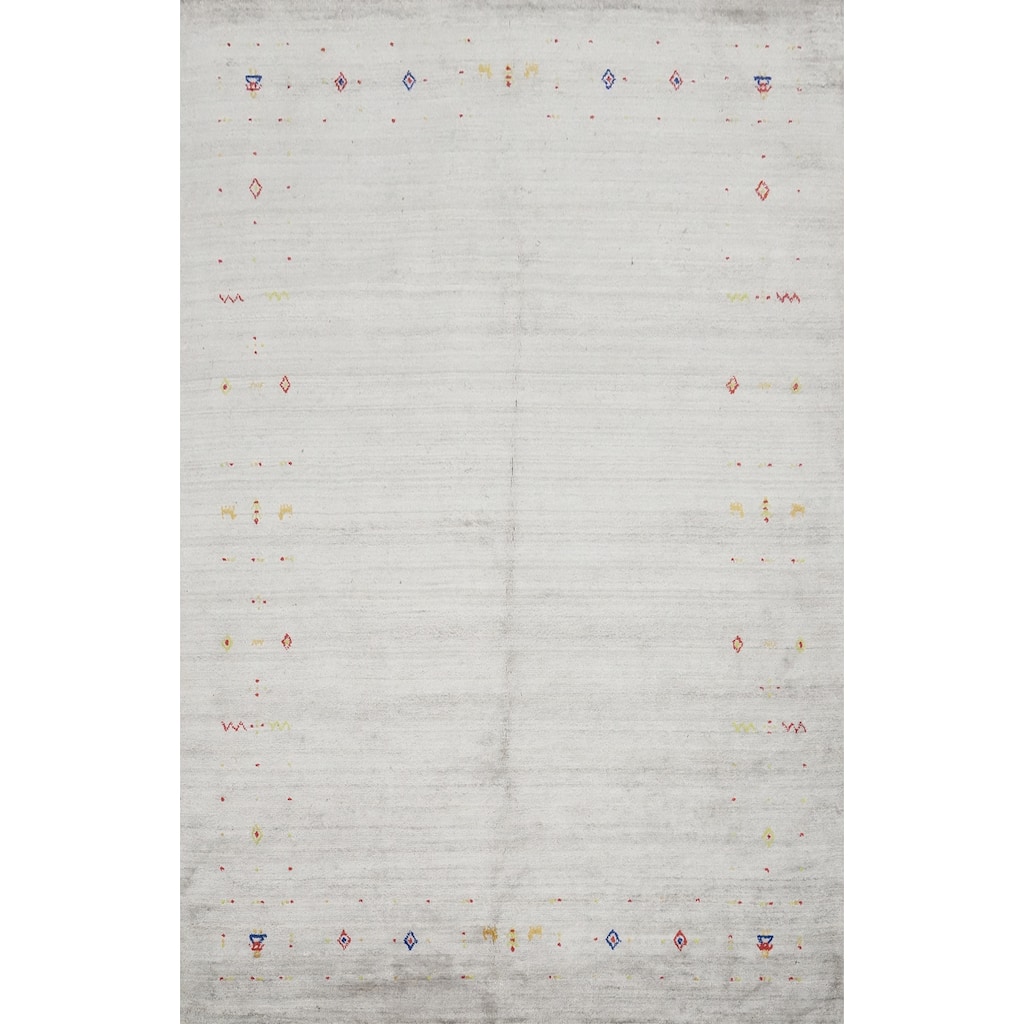 Hand Knotted Oriental Viscose Silk Carpet Tribal Animal Pictorial Greys & Charcoal Gabbeh Area Rug - 8' 8'' X 6' 2''