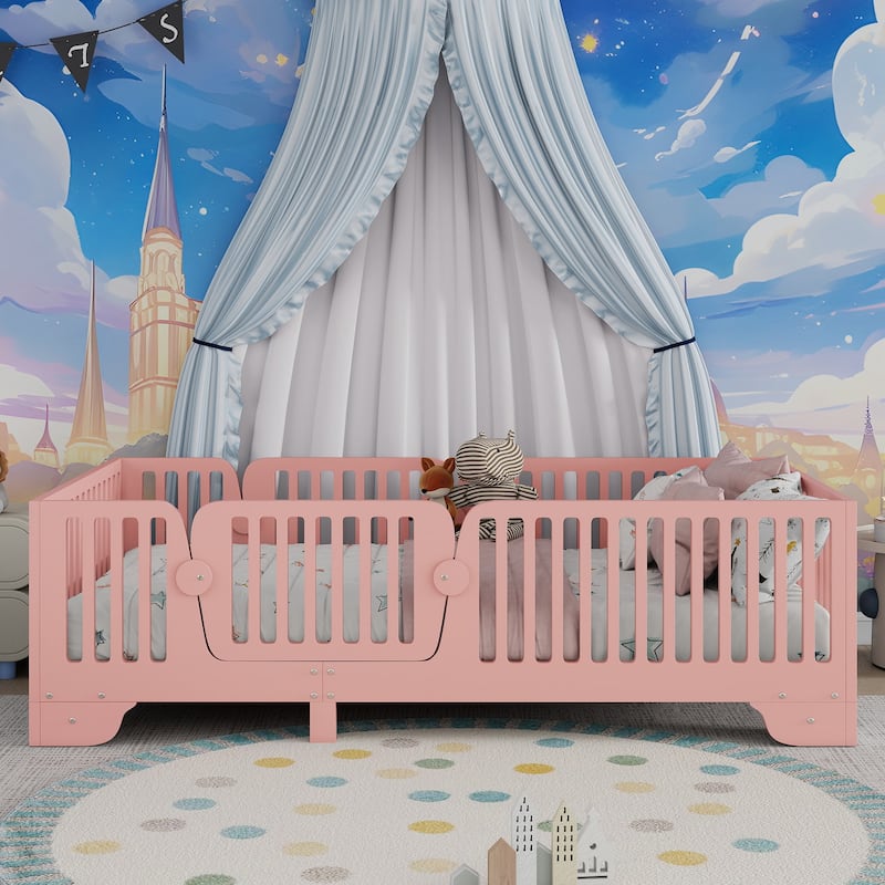 Kids Floor Bed with Safety Fence and Removable Door for Boys Girls