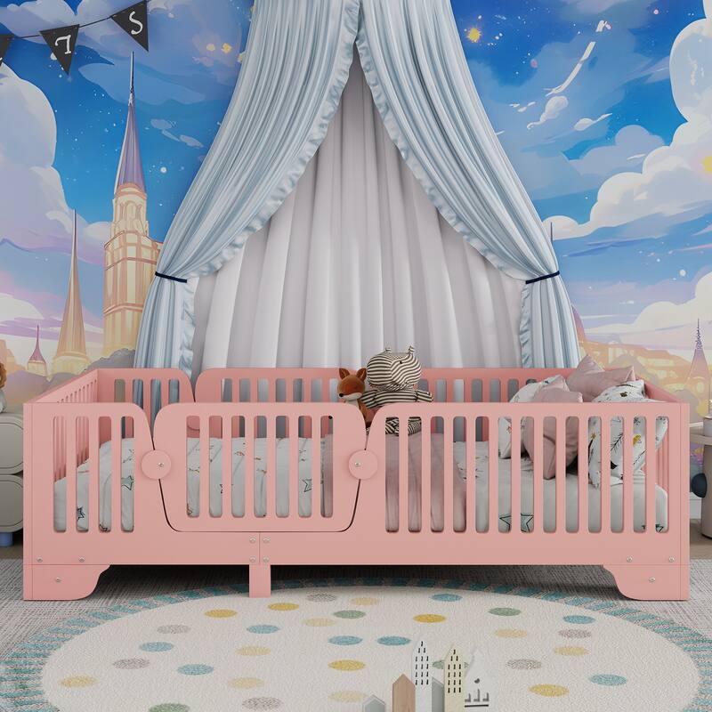 Montessori Floor Bed with Detachable Door, No Box Spring Needed, Kids Platform Bed with Slats and Fence